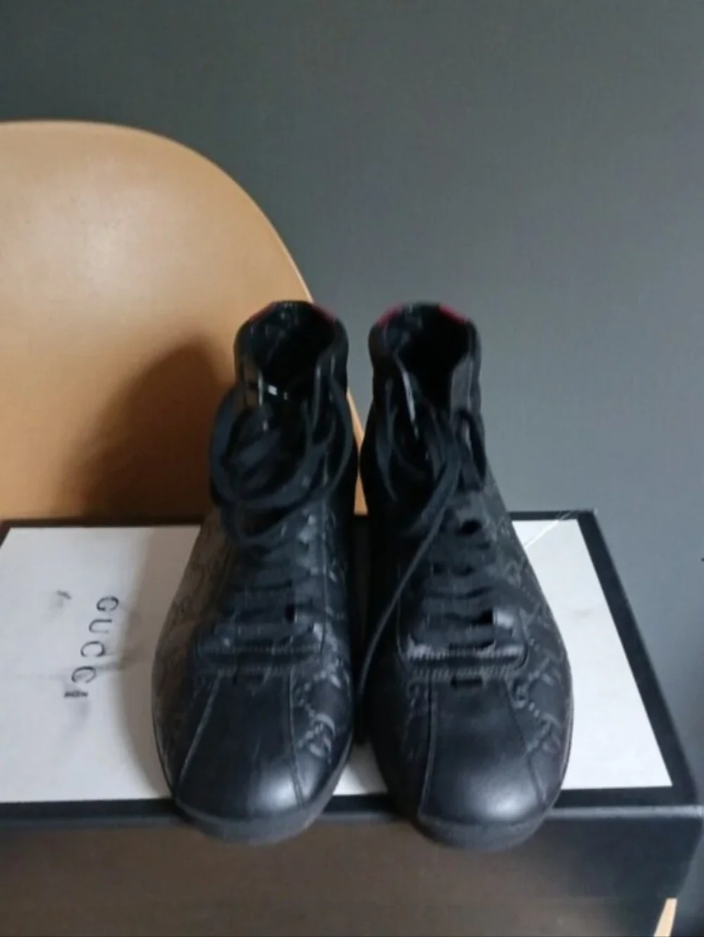Gucci GG Black Leather High-Top Sneakers with Red Accent, Size 7